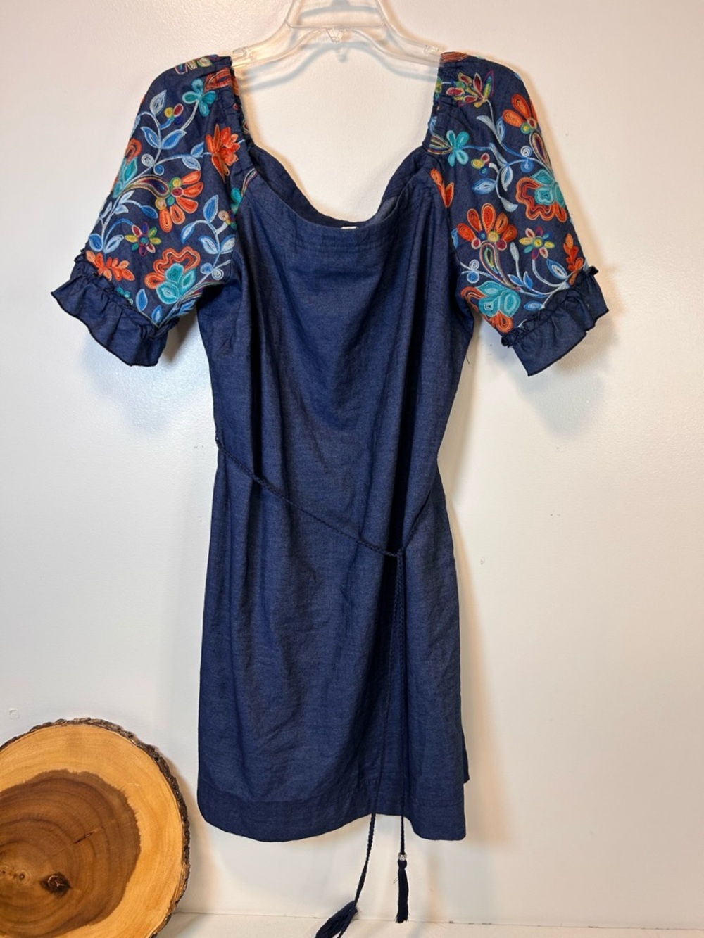 Signature by Robbie Bee Floral Embroidered Ruffle Sleeve Dress Dark Wash Size 14